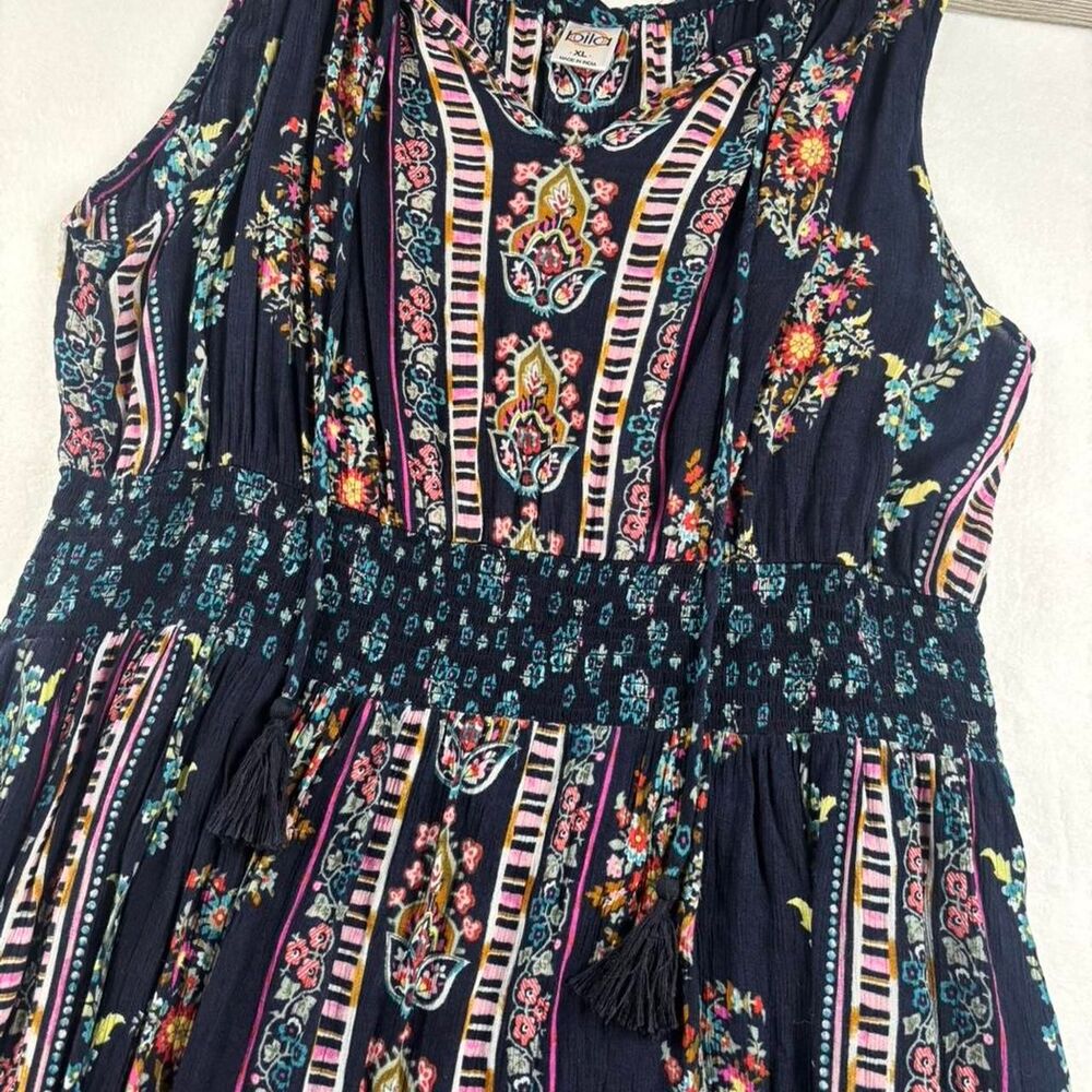 Bila Boho Floral Midi Dress Navy Blue Tassels XL - Picture 2 of 5